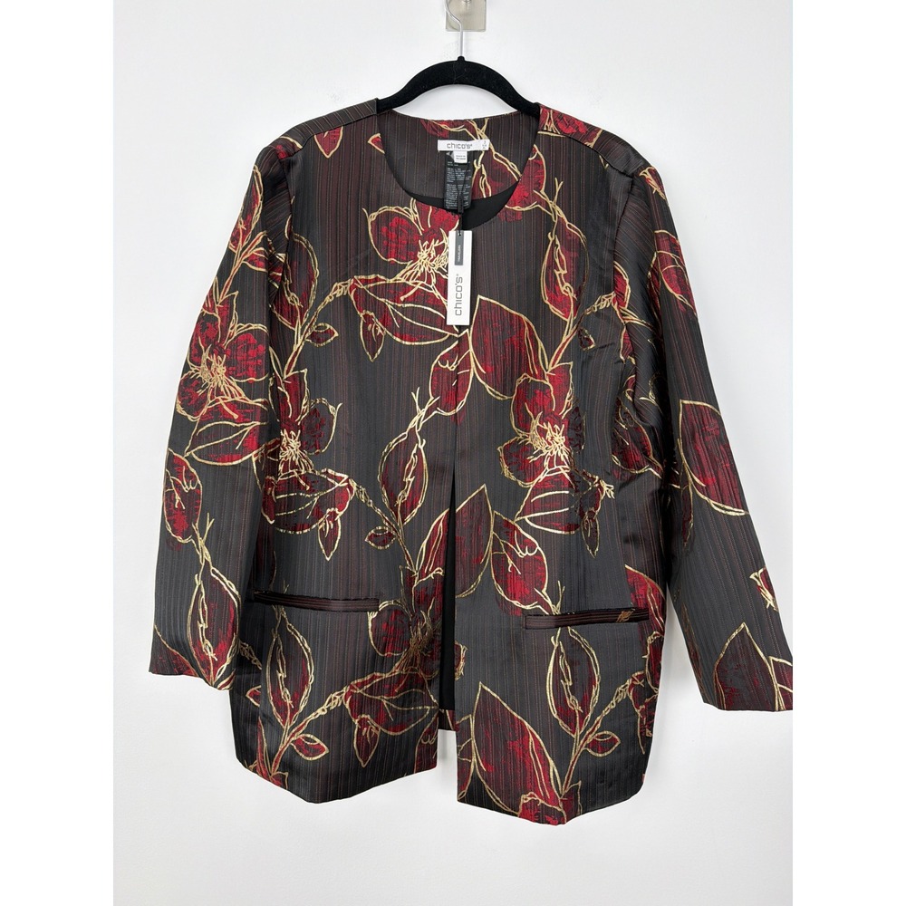 NWT Chico's Travelers Jacket XL Red Gold Jacquard Floral Metallic Open Front